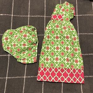 Pink and green sundress with bloomers. 12 months.